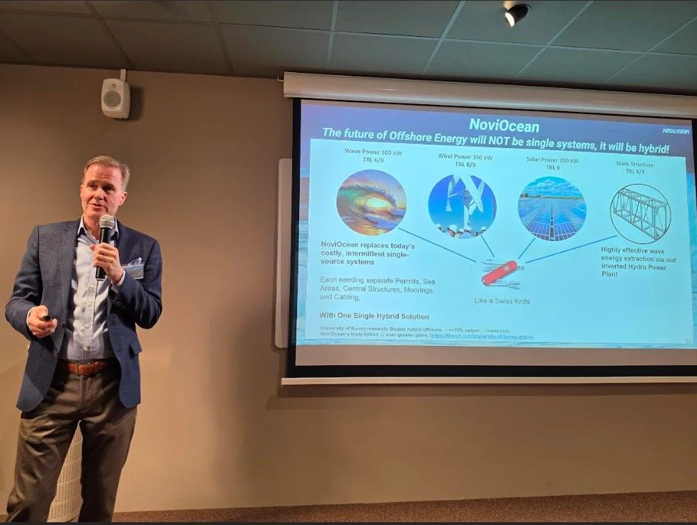 NoviOcean slide: the future of offshore energy will not be single systems, it will be hybrid — wave, wind and solar