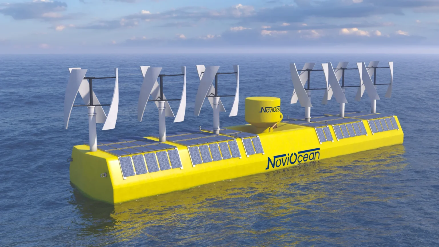 NoviOcean Alta Wave 1000H platform in open sea with solar panels and vertical-axis wind turbines