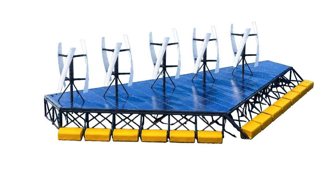 Engineering visualisation of the NoviOcean NO3 triple-hybrid demonstrator with wave floats, vertical-axis wind turbines and a solar deck