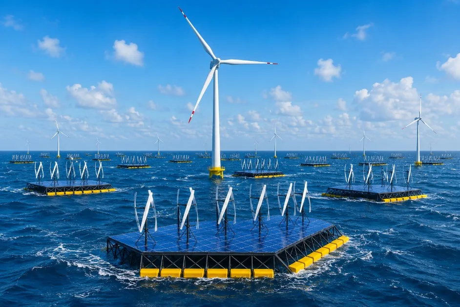 NoviOcean hybrid wave, wind and solar platforms on open water at an offshore site of the kind fish farms occupy
