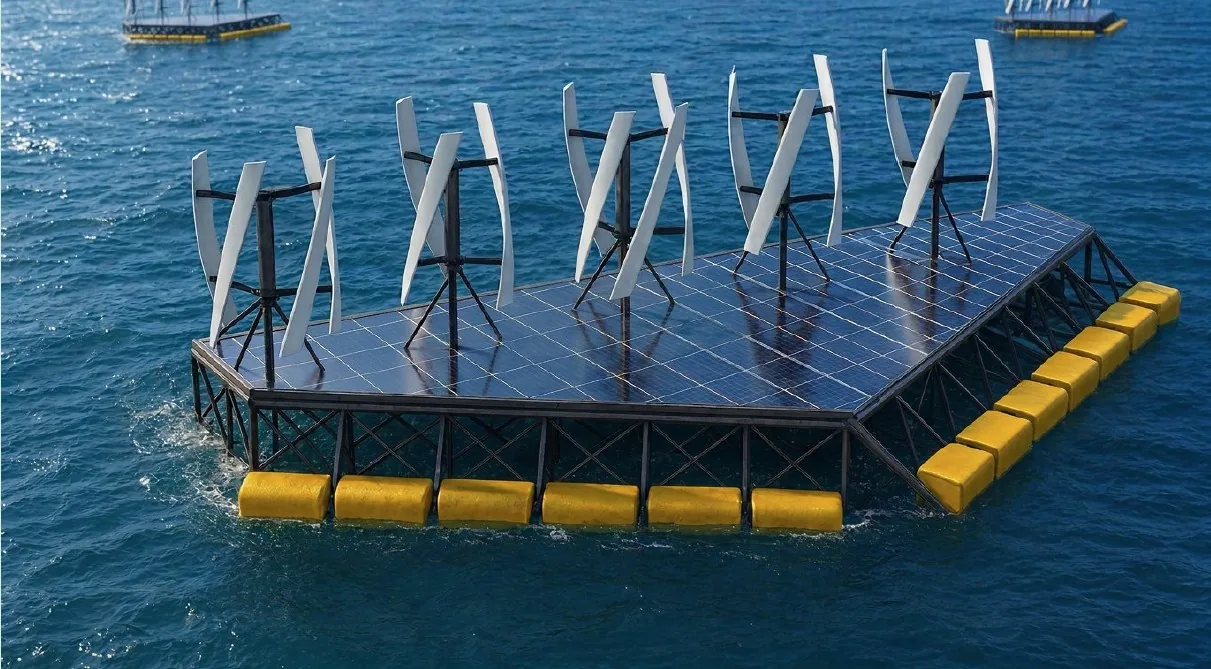 Close view of a NoviOcean hybrid platform, solar deck and yellow wave floats, the power source for offshore desalination