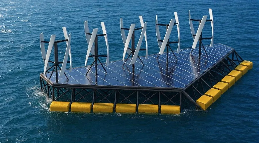 NoviOcean Medi Wave 850H hybrid platform at sea, dark solar deck, yellow wave floats along the waterline and white vertical-axis wind turbines
