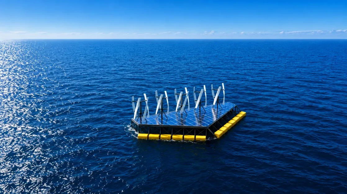 A single NoviOcean hybrid wave, wind and solar platform on open ocean off a remote island coastline