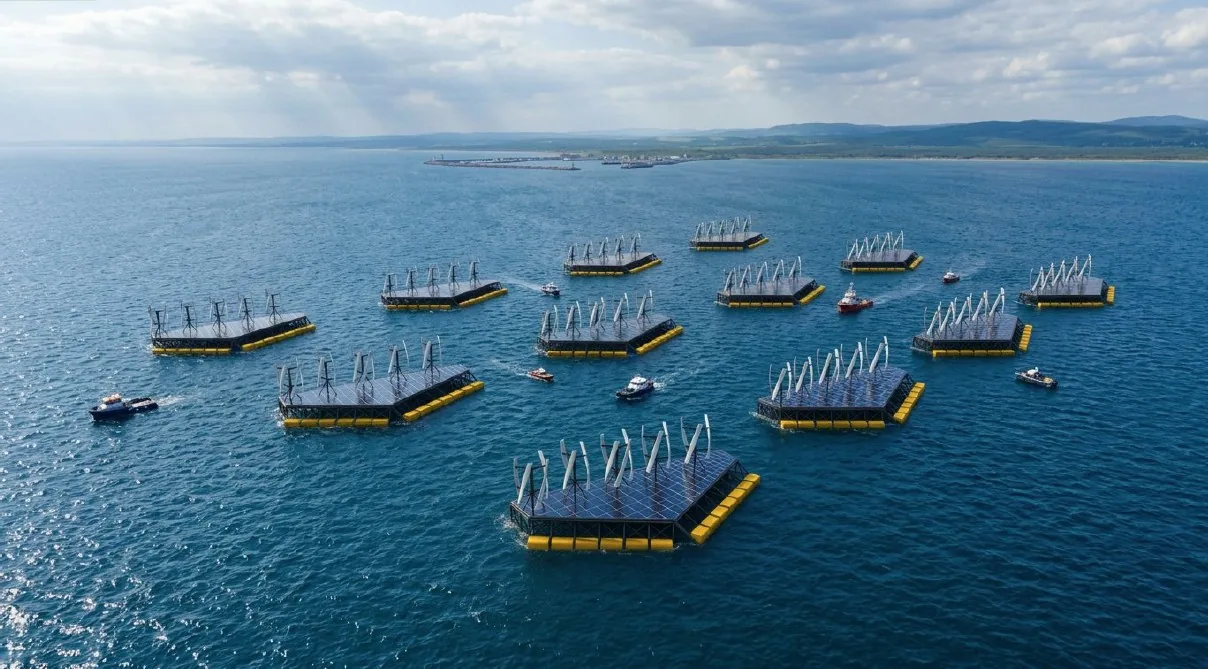 Array of NoviOcean hybrid wave, wind and solar platforms off a coastline, a commercial ocean energy farm