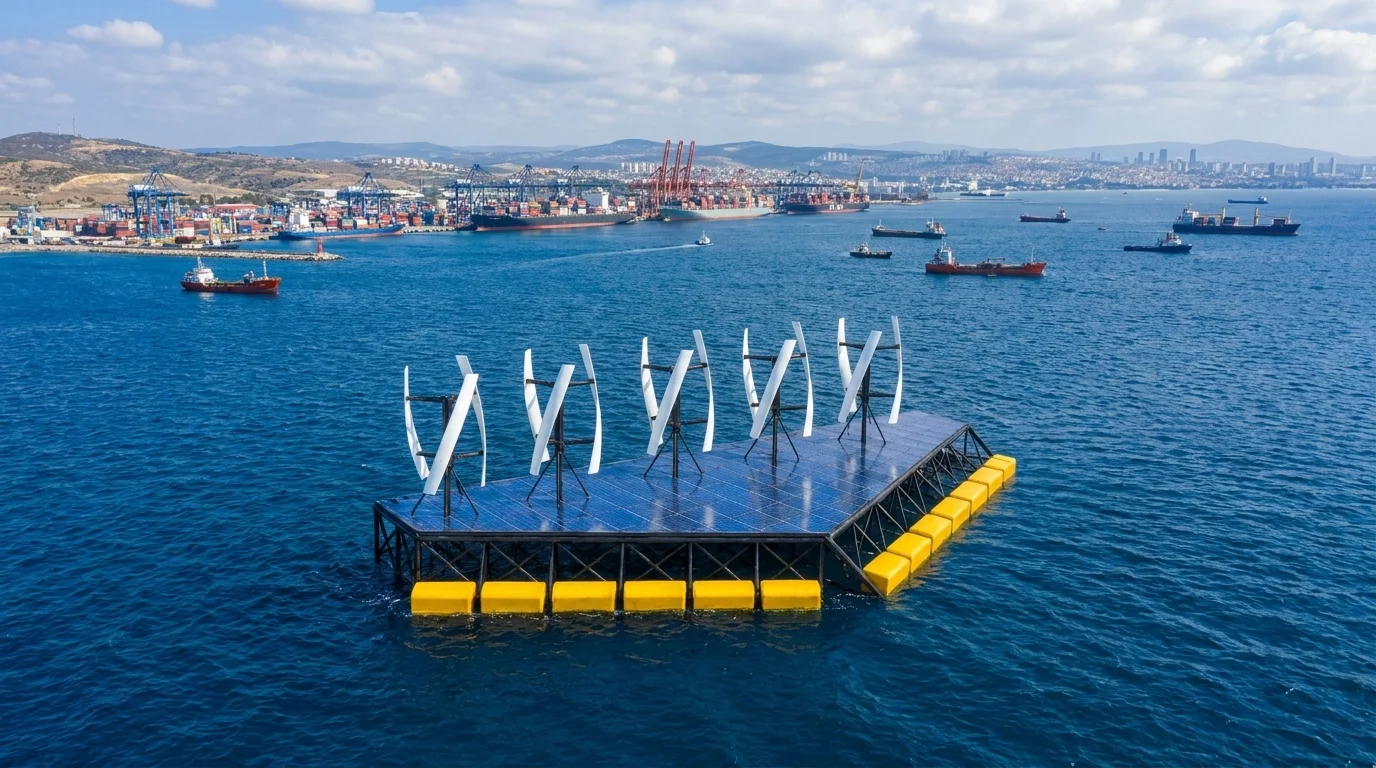 NoviOcean hybrid platform floating off a container port with gantry cranes and cargo ships